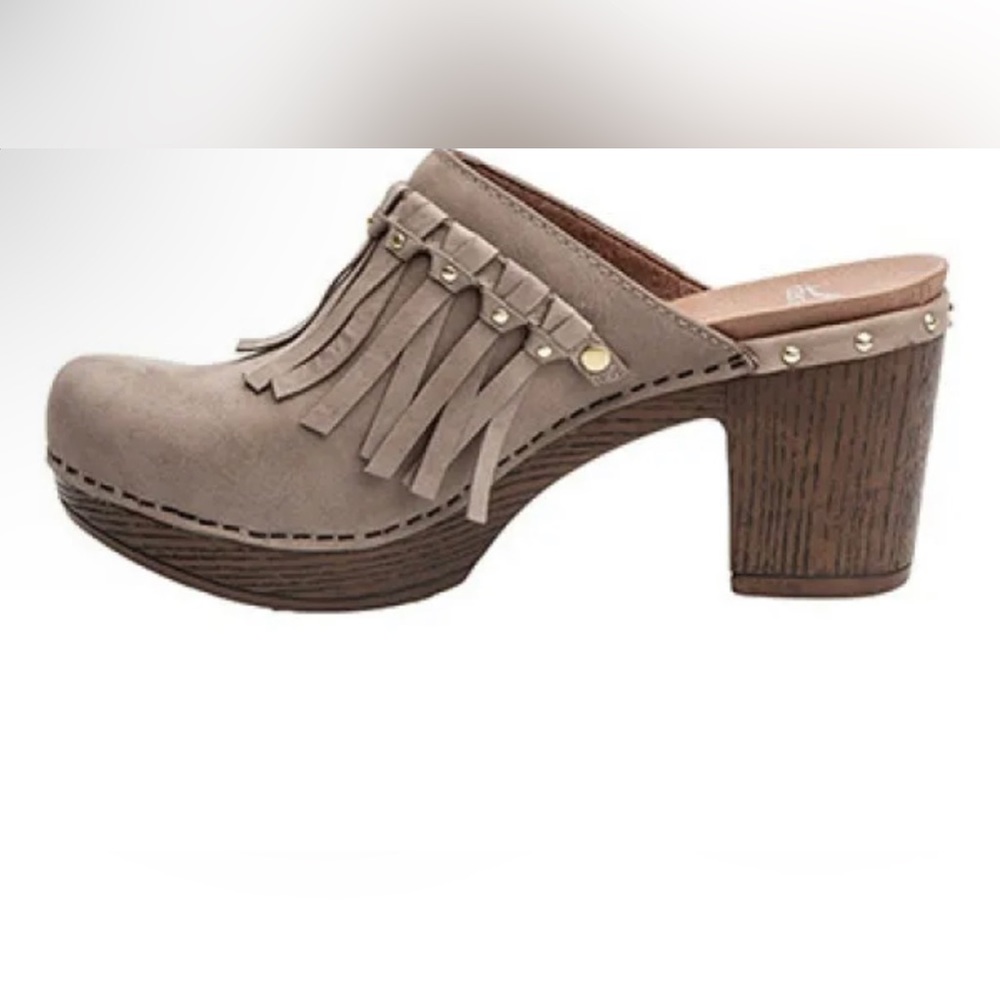 DANSKO 🤎Women's Mule Taupe Gray Deni Clog Nubuck Leather Fringe Size40/9.5, GUC - Picture 2 of 8